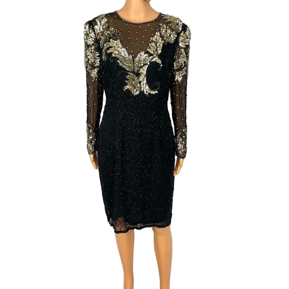 Vintage Haute Sheer Silk Sequin Coctail Dress Silver gold sequin Women’s 10 by N